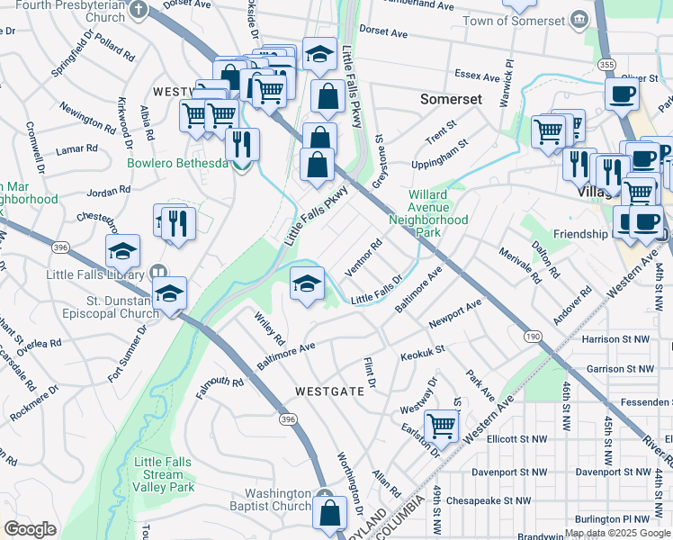 map of restaurants, bars, coffee shops, grocery stores, and more near 5303 Wakefield Road in Bethesda