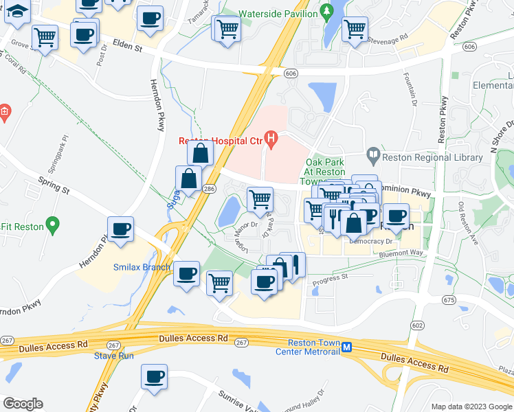 map of restaurants, bars, coffee shops, grocery stores, and more near 12160 Abington Hall Place in Reston