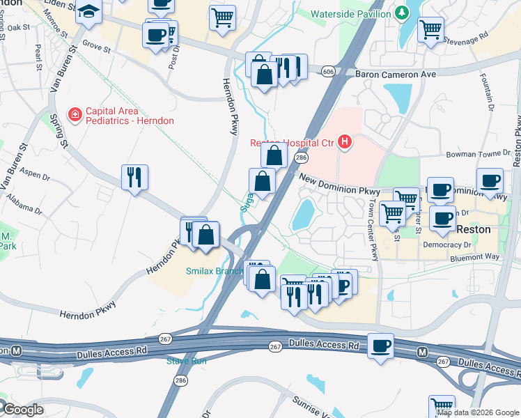 map of restaurants, bars, coffee shops, grocery stores, and more near 423 Carlisle Drive in Herndon