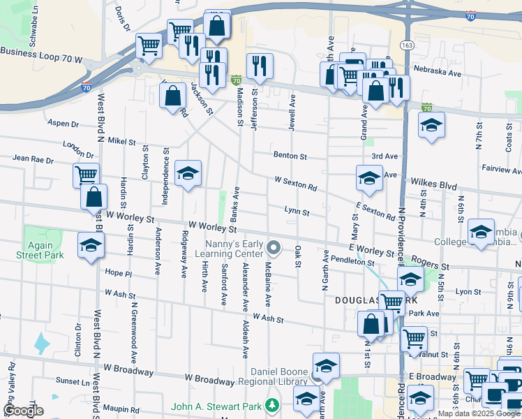 map of restaurants, bars, coffee shops, grocery stores, and more near 601 McBaine Avenue in Columbia