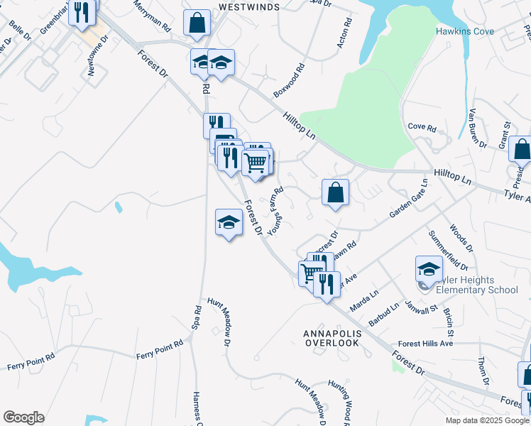 map of restaurants, bars, coffee shops, grocery stores, and more near 12 Belvedere Court in Annapolis