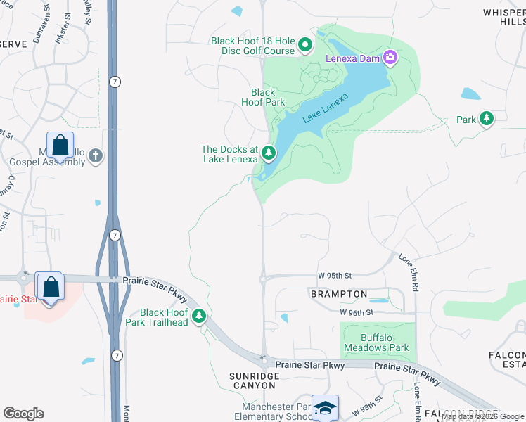map of restaurants, bars, coffee shops, grocery stores, and more near 9557 Monticello Road in Lenexa