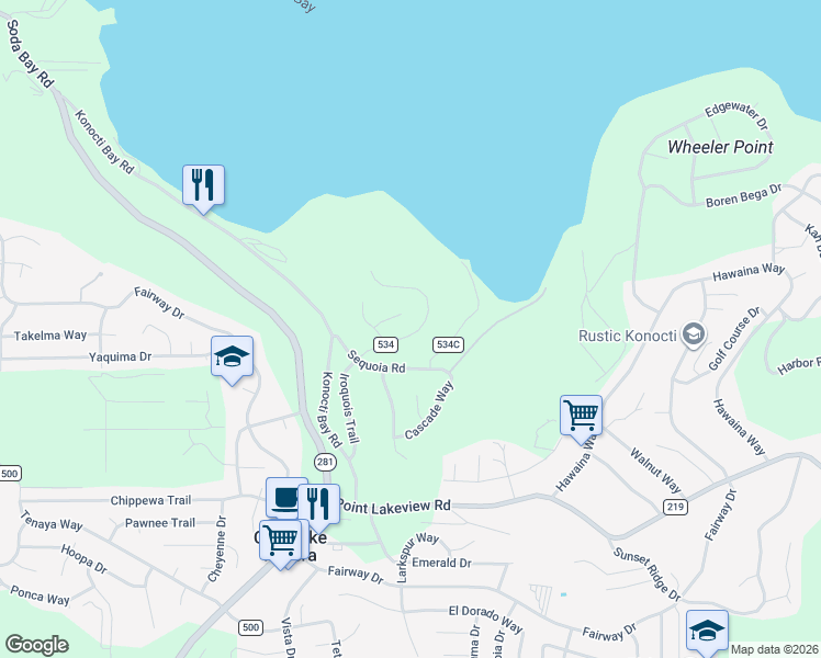 map of restaurants, bars, coffee shops, grocery stores, and more near 4699 Iroquois Trail in Kelseyville