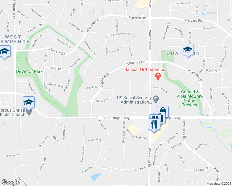 map of restaurants, bars, coffee shops, grocery stores, and more near 1442 Marilee Drive in Lawrence