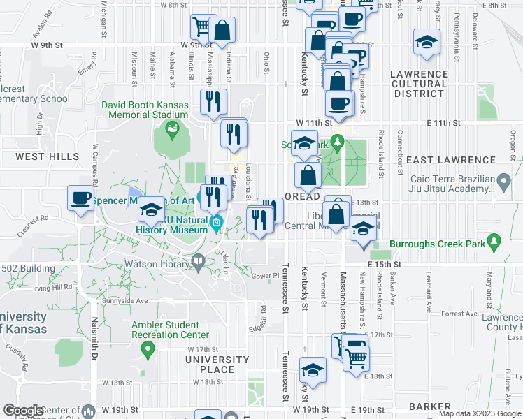 map of restaurants, bars, coffee shops, grocery stores, and more near 1301 Ohio Street in Lawrence