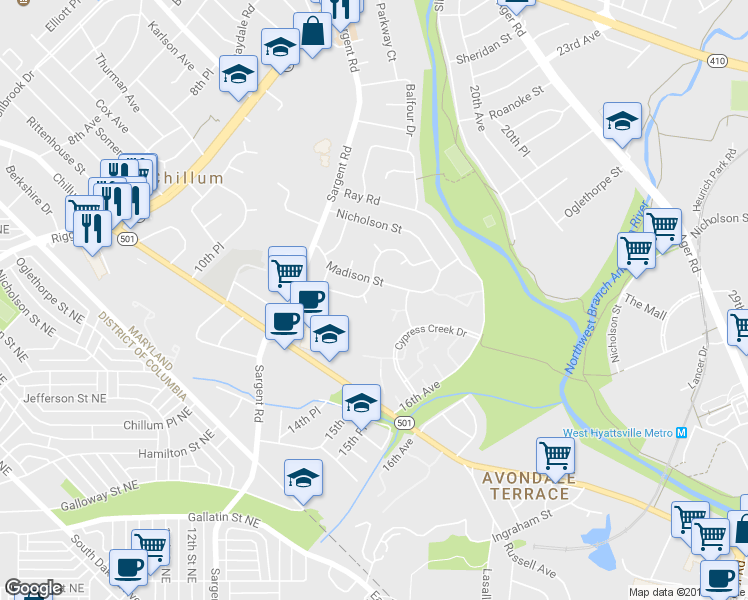 map of restaurants, bars, coffee shops, grocery stores, and more near 5709 15th Avenue in Hyattsville