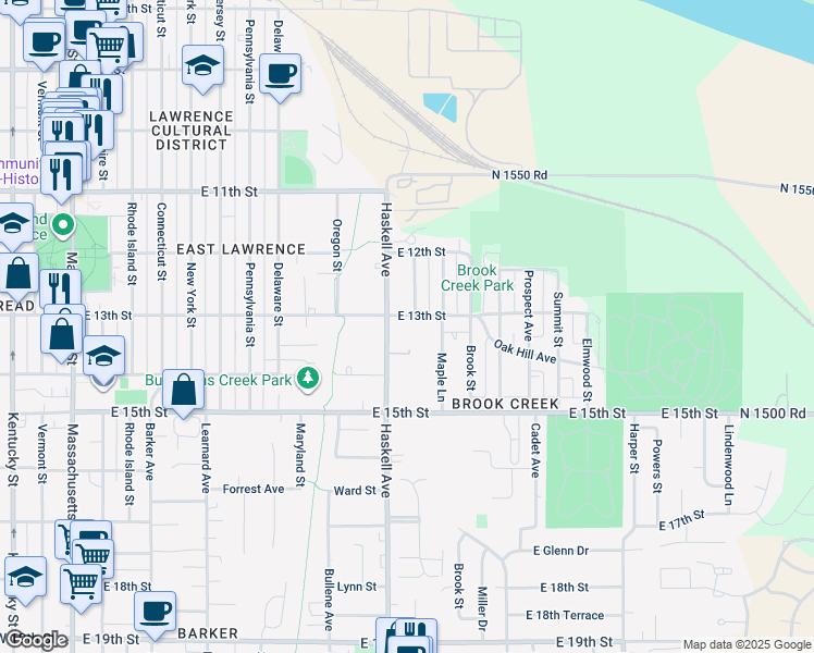 map of restaurants, bars, coffee shops, grocery stores, and more near 1300 Haskell Avenue in Lawrence