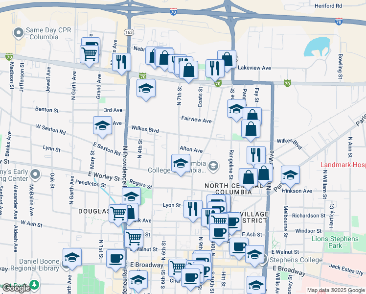 map of restaurants, bars, coffee shops, grocery stores, and more near 703 Alton Avenue in Columbia