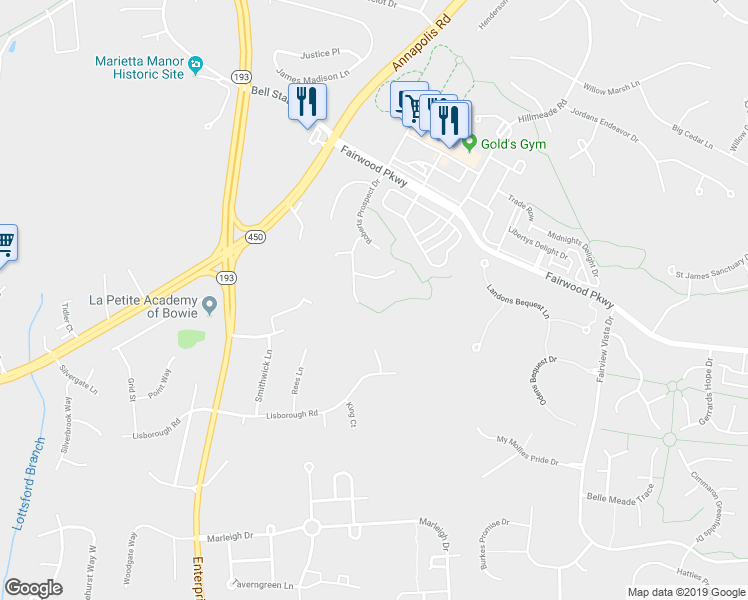 map of restaurants, bars, coffee shops, grocery stores, and more near 5105 Cornelias Prospect Drive in Bowie