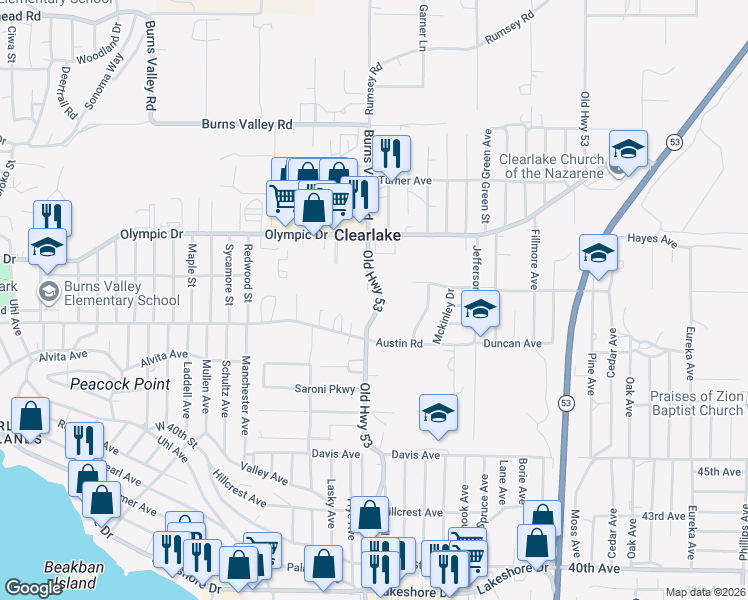 map of restaurants, bars, coffee shops, grocery stores, and more near 3642 Old Highway 53 in Clearlake