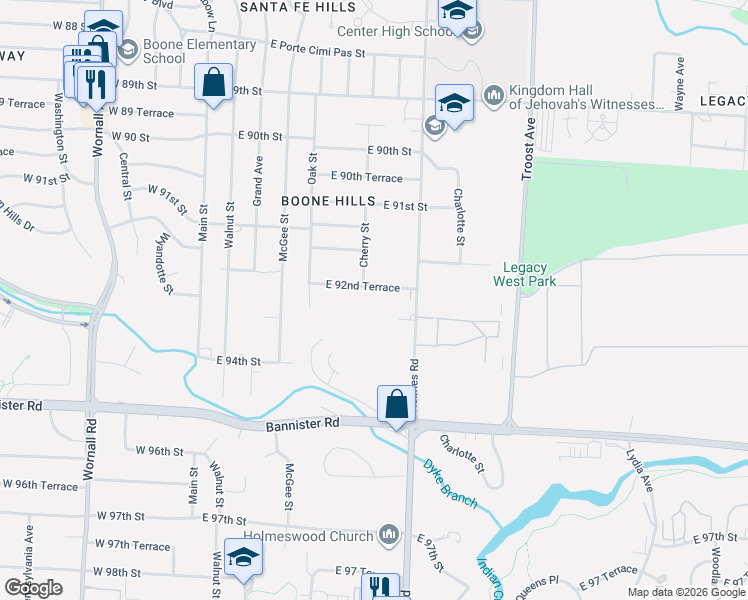 map of restaurants, bars, coffee shops, grocery stores, and more near 609 East 92nd Terrace in Kansas City