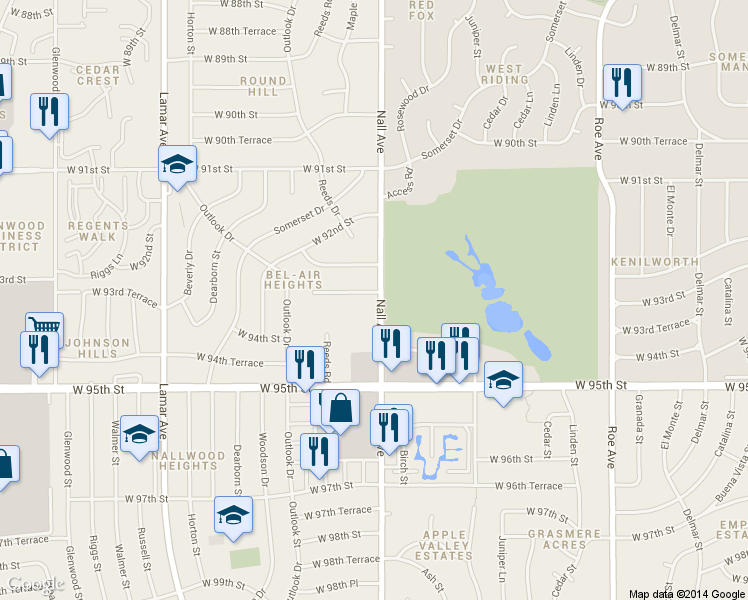 map of restaurants, bars, coffee shops, grocery stores, and more near 5501 W 92nd Pl in Overland Park