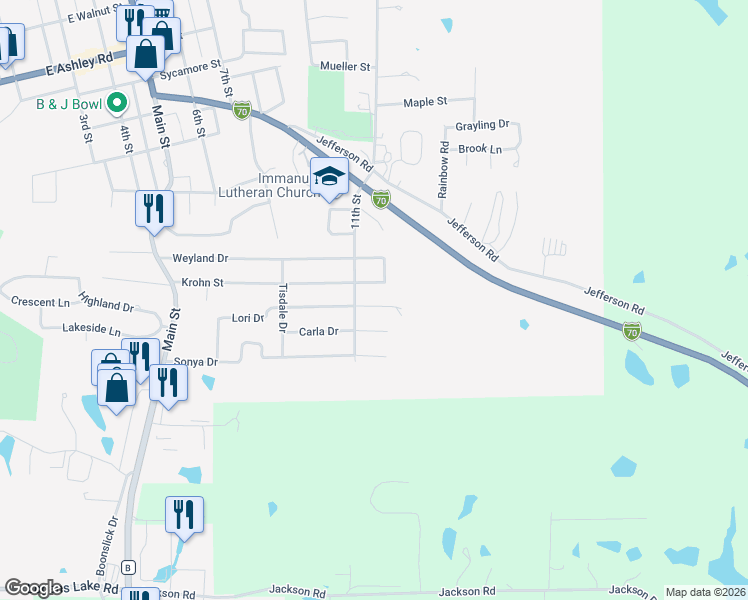 map of restaurants, bars, coffee shops, grocery stores, and more near 1109 Lori Drive in Boonville