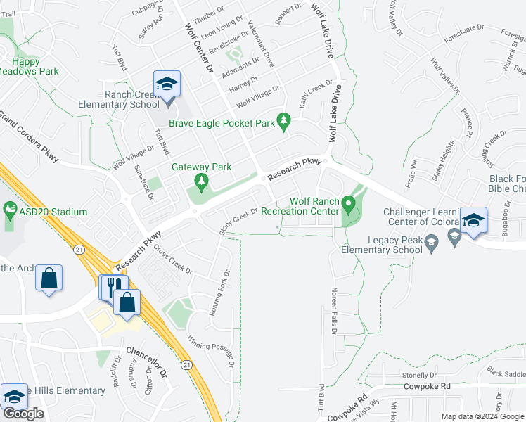 map of restaurants, bars, coffee shops, grocery stores, and more near 8913 Stony Creek Drive in Colorado Springs