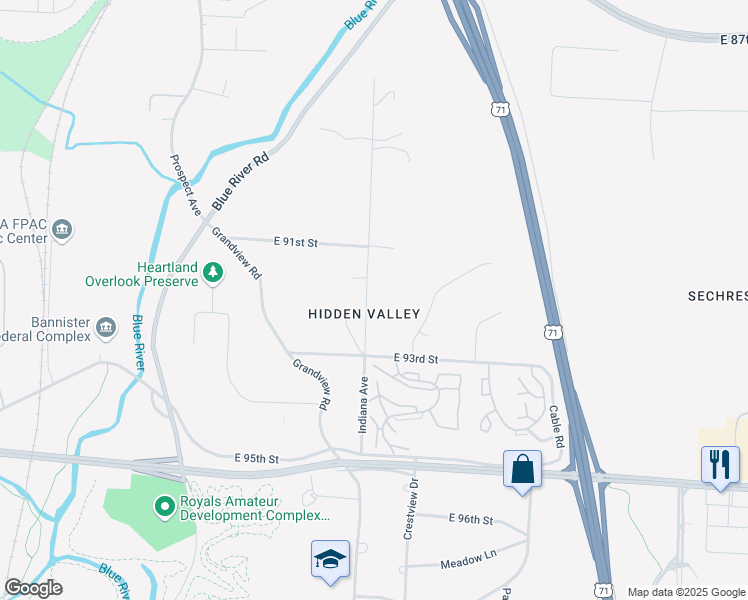 map of restaurants, bars, coffee shops, grocery stores, and more near 9203 Indiana Avenue in Kansas City