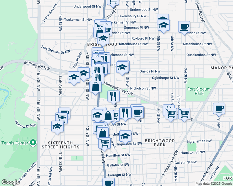 map of restaurants, bars, coffee shops, grocery stores, and more near 5735 9th Street Northwest in Washington