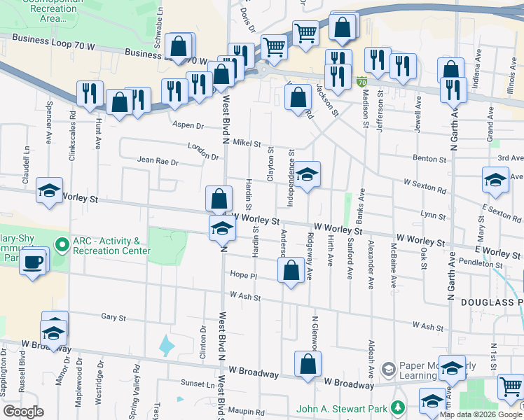 map of restaurants, bars, coffee shops, grocery stores, and more near 815 West Worley Street in Columbia