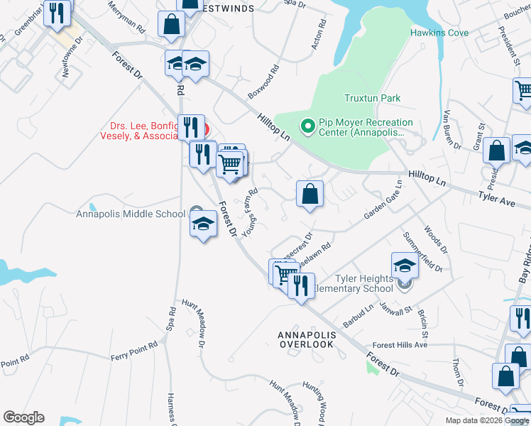 map of restaurants, bars, coffee shops, grocery stores, and more near 1385 Stonecreek Road in Annapolis