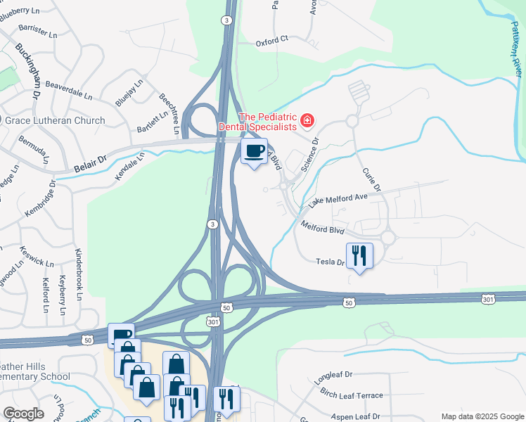 map of restaurants, bars, coffee shops, grocery stores, and more near 16901 Melford Boulevard in Bowie