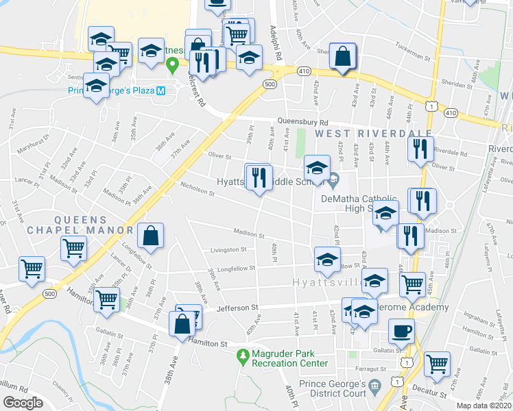 map of restaurants, bars, coffee shops, grocery stores, and more near 5900 40th Avenue in Hyattsville