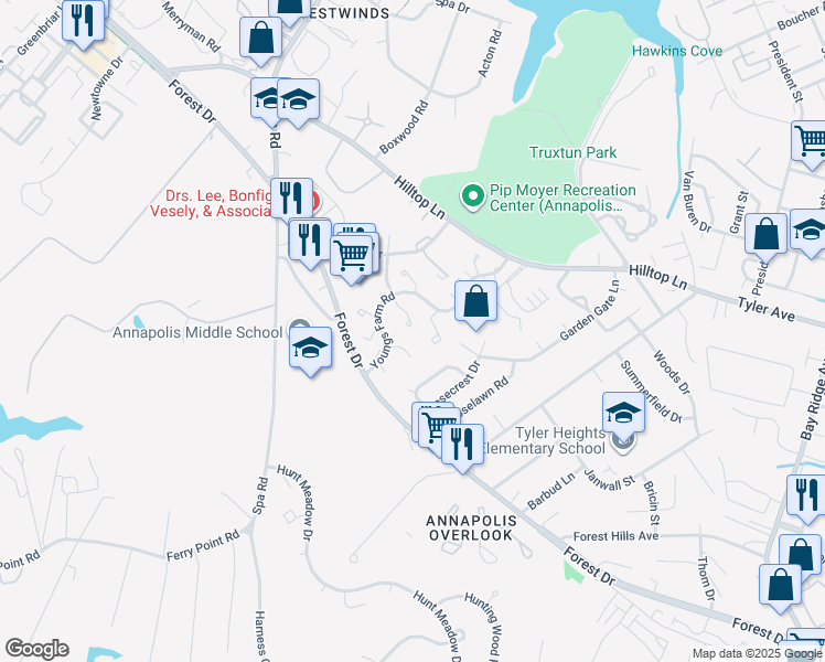 map of restaurants, bars, coffee shops, grocery stores, and more near 1383 Stonecreek Road in Annapolis