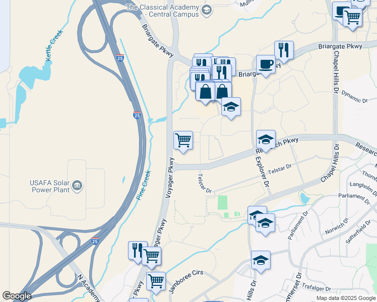 map of restaurants, bars, coffee shops, grocery stores, and more near 1755 Telstar Drive in Colorado Springs