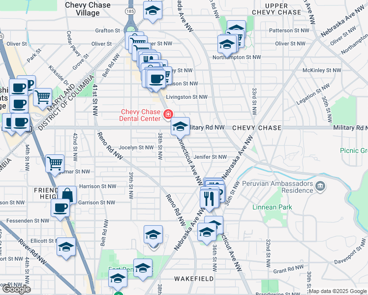 map of restaurants, bars, coffee shops, grocery stores, and more near Connecticut Avenue Northwest & Jocelyn Street Northwest in Washington