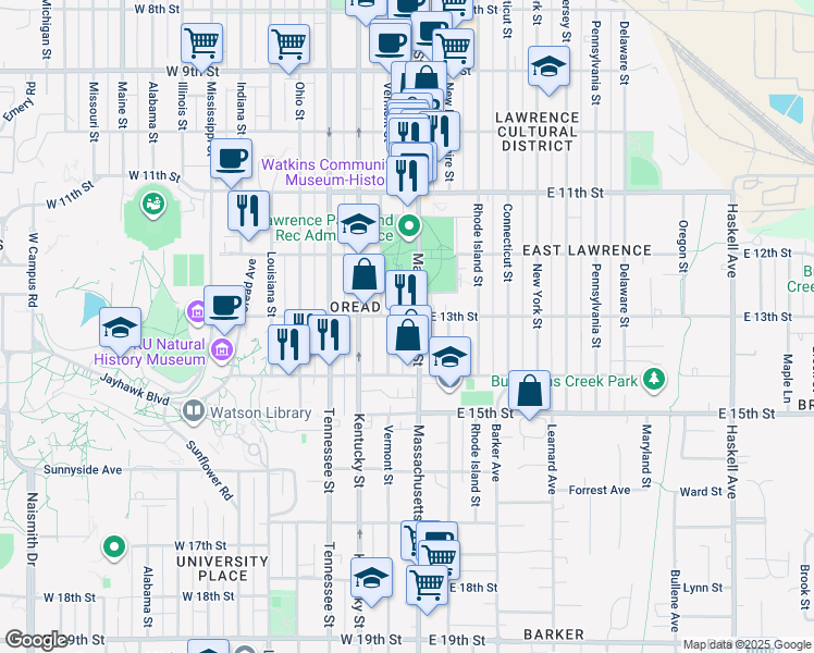 map of restaurants, bars, coffee shops, grocery stores, and more near 1312 Vermont Street in Lawrence