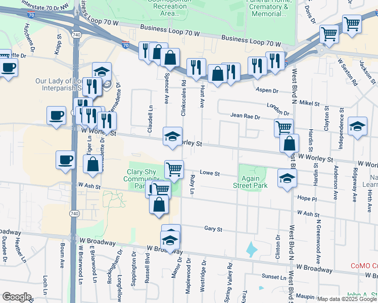 map of restaurants, bars, coffee shops, grocery stores, and more near 405 Lindy Lane in Columbia