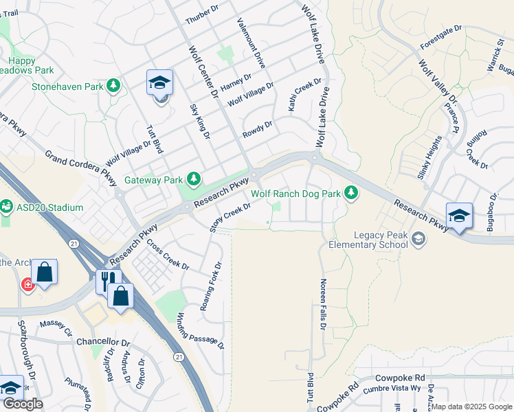 map of restaurants, bars, coffee shops, grocery stores, and more near 8913 Stony Creek Drive in Colorado Springs