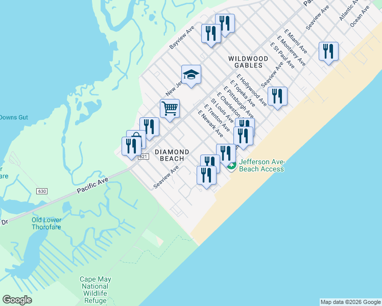 map of restaurants, bars, coffee shops, grocery stores, and more near 229 East Memphis Avenue in Wildwood Crest