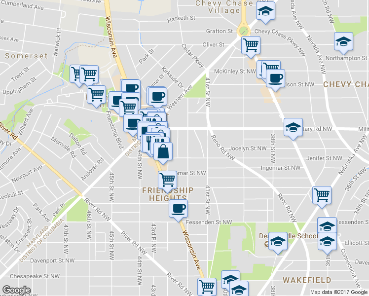 map of restaurants, bars, coffee shops, grocery stores, and more near 5314 42nd Street Northwest in Washington