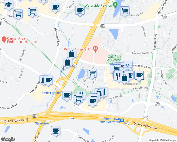 map of restaurants, bars, coffee shops, grocery stores, and more near 12161 Abington Hall Place in Reston