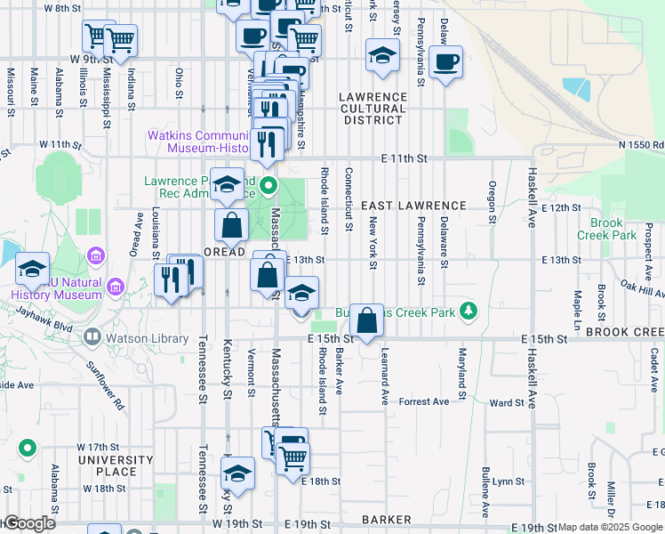 map of restaurants, bars, coffee shops, grocery stores, and more near 1308 Rhode Island St in Lawrence