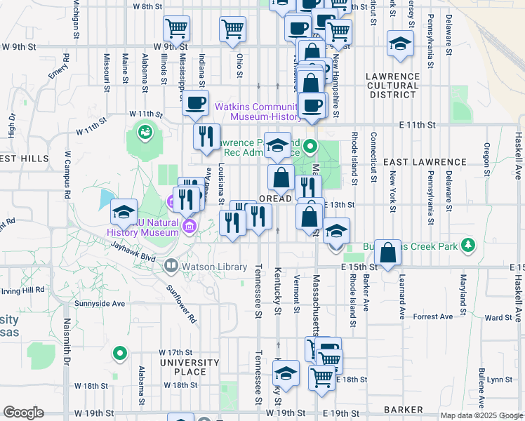 map of restaurants, bars, coffee shops, grocery stores, and more near 1311 Tennessee Street in Lawrence