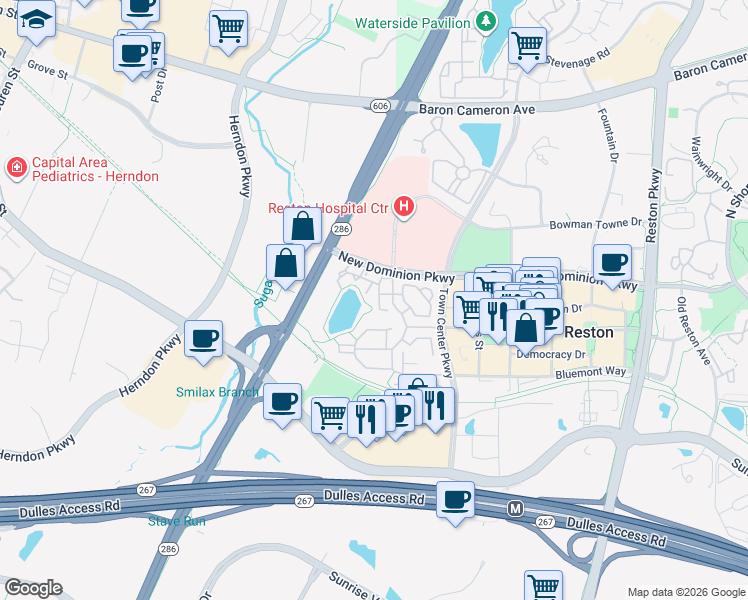 map of restaurants, bars, coffee shops, grocery stores, and more near 12161 Abington Hall Place in Reston
