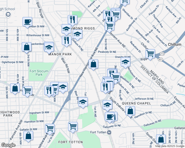 map of restaurants, bars, coffee shops, grocery stores, and more near 5774 2nd Street Northeast in Washington