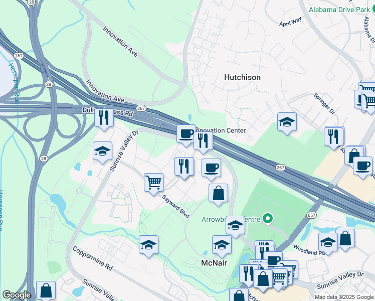 map of restaurants, bars, coffee shops, grocery stores, and more near 2300 Dulles Station Boulevard in Herndon