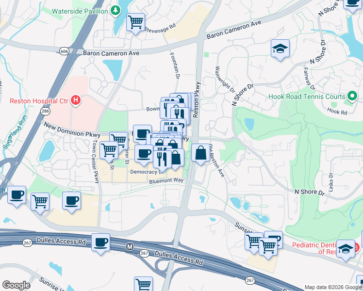 map of restaurants, bars, coffee shops, grocery stores, and more near 11850 Freedom Drive in Reston