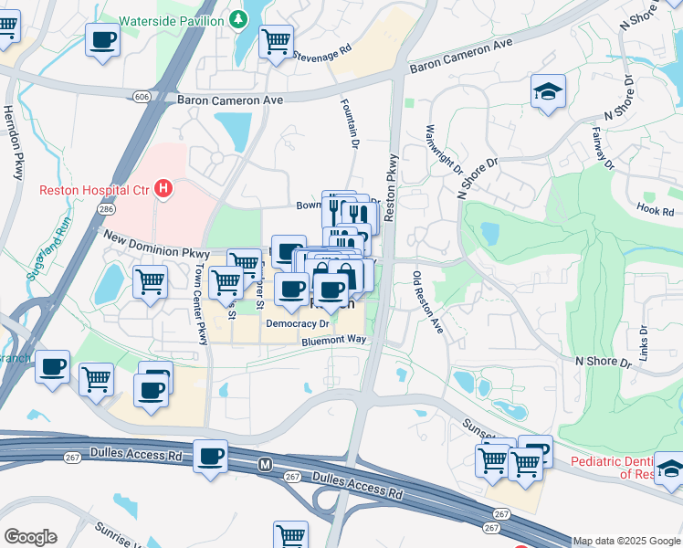 map of restaurants, bars, coffee shops, grocery stores, and more near 1871 Fountain Drive in Reston