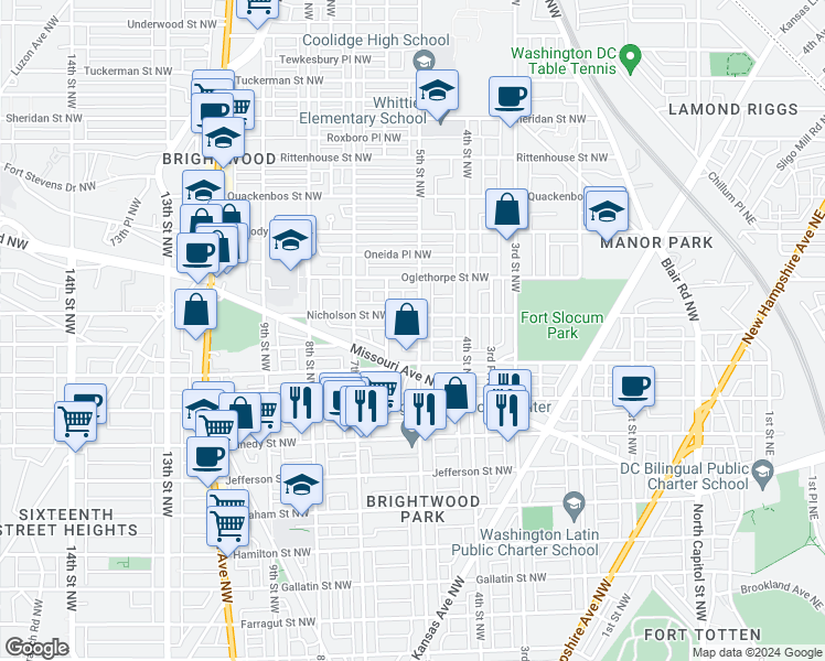 map of restaurants, bars, coffee shops, grocery stores, and more near 5726 5th Street Northwest in Washington