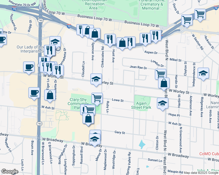 map of restaurants, bars, coffee shops, grocery stores, and more near 1502-1504 Westwinds Court in Columbia
