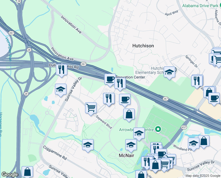 map of restaurants, bars, coffee shops, grocery stores, and more near 2300 Dulles Station Boulevard in Herndon