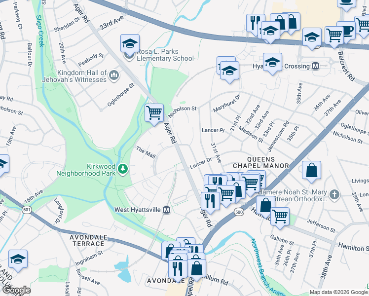 map of restaurants, bars, coffee shops, grocery stores, and more near 5720 29th Avenue in Hyattsville