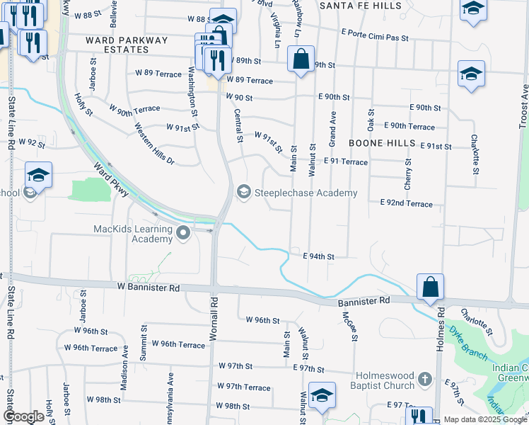 map of restaurants, bars, coffee shops, grocery stores, and more near 25 West 92nd Terrace in Kansas City