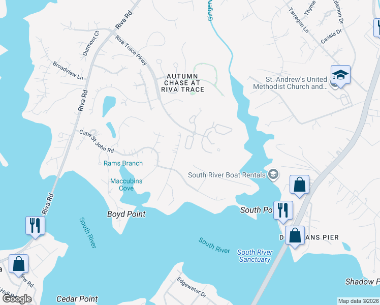 map of restaurants, bars, coffee shops, grocery stores, and more near 3017 Solstice Lane in Annapolis