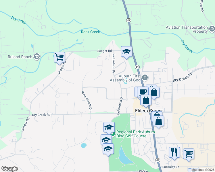 map of restaurants, bars, coffee shops, grocery stores, and more near 4131 Meadow Park Court in Auburn