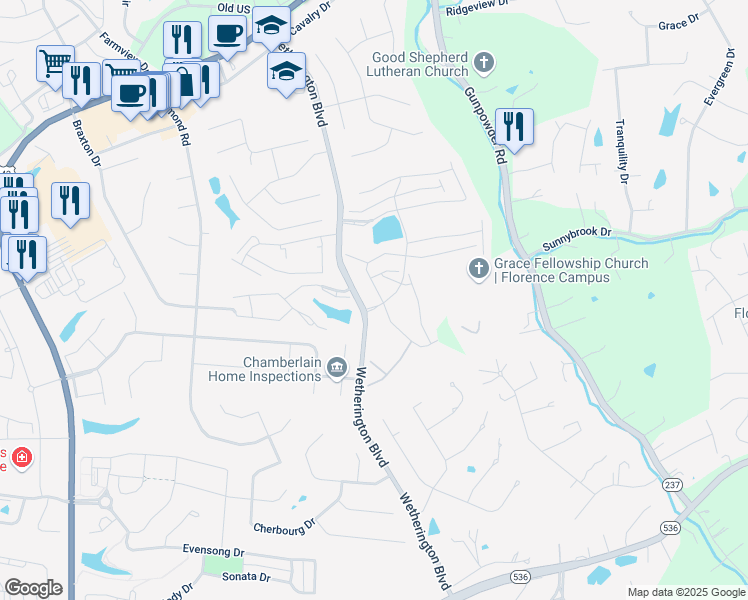 map of restaurants, bars, coffee shops, grocery stores, and more near 1752 Mimosa Trail in Florence