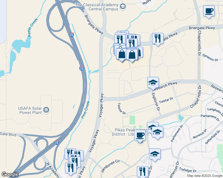 map of restaurants, bars, coffee shops, grocery stores, and more near 1755 Telstar Drive in Colorado Springs