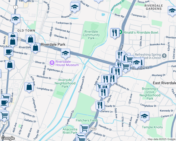 map of restaurants, bars, coffee shops, grocery stores, and more near 5305 Riverdale Road in Riverdale Park